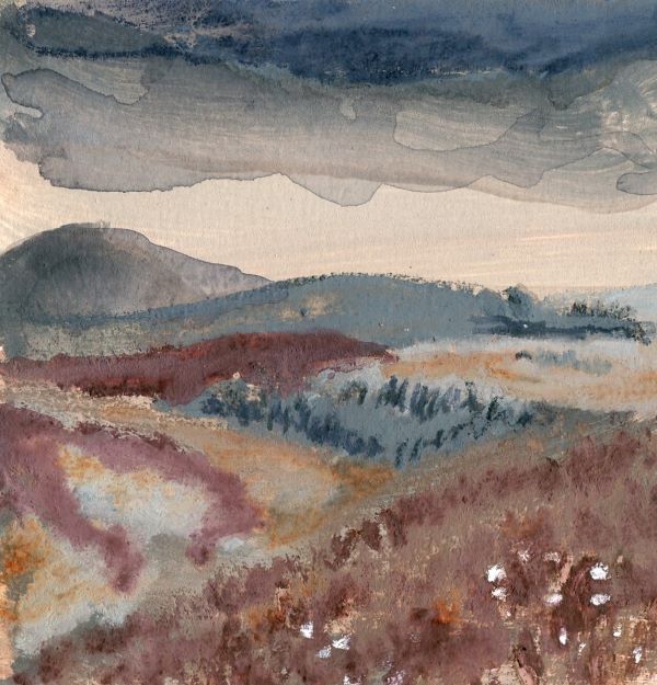 Drawing-painting of a landscape in earthy colours, with a dark grey sky above